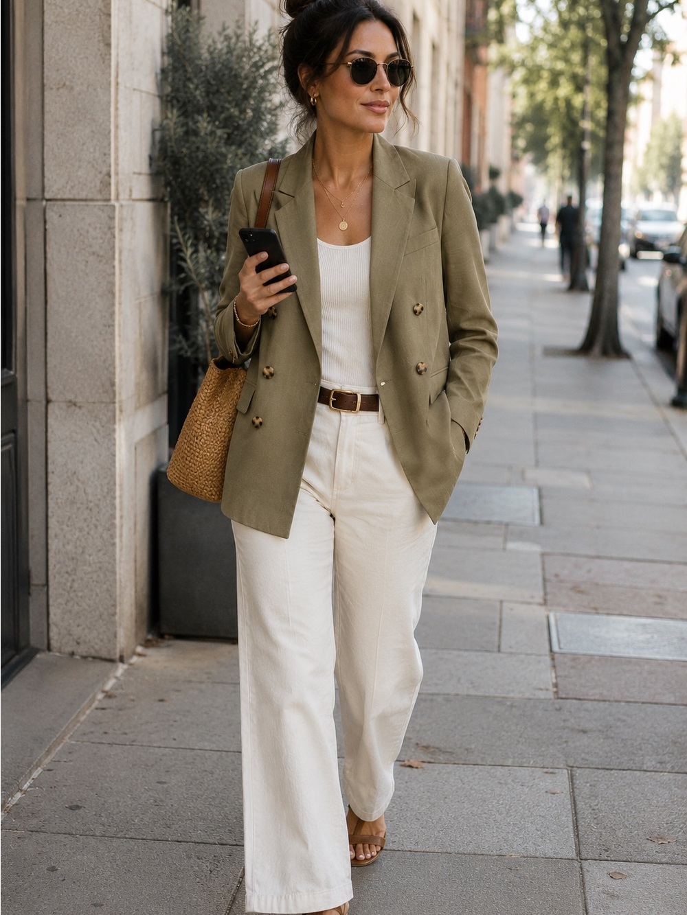Club Monaco Olive Lyocell Linen Double Breasted Blazer L Quiet Luxury